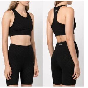Anine Bing Workout Set Bra and biker Shorts in Black Monogram Print, Size Medium